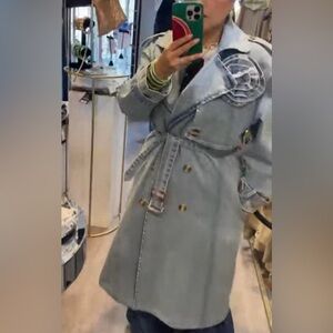 Stylish Blue Denim Trench Coat with Floral Detail